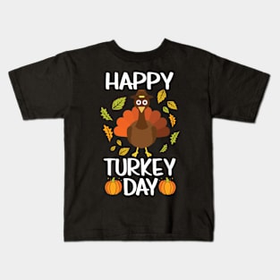 Happy Turkey Day Pilgrim Turkey Fan Thanksgiving Season Fan Kids T-Shirt